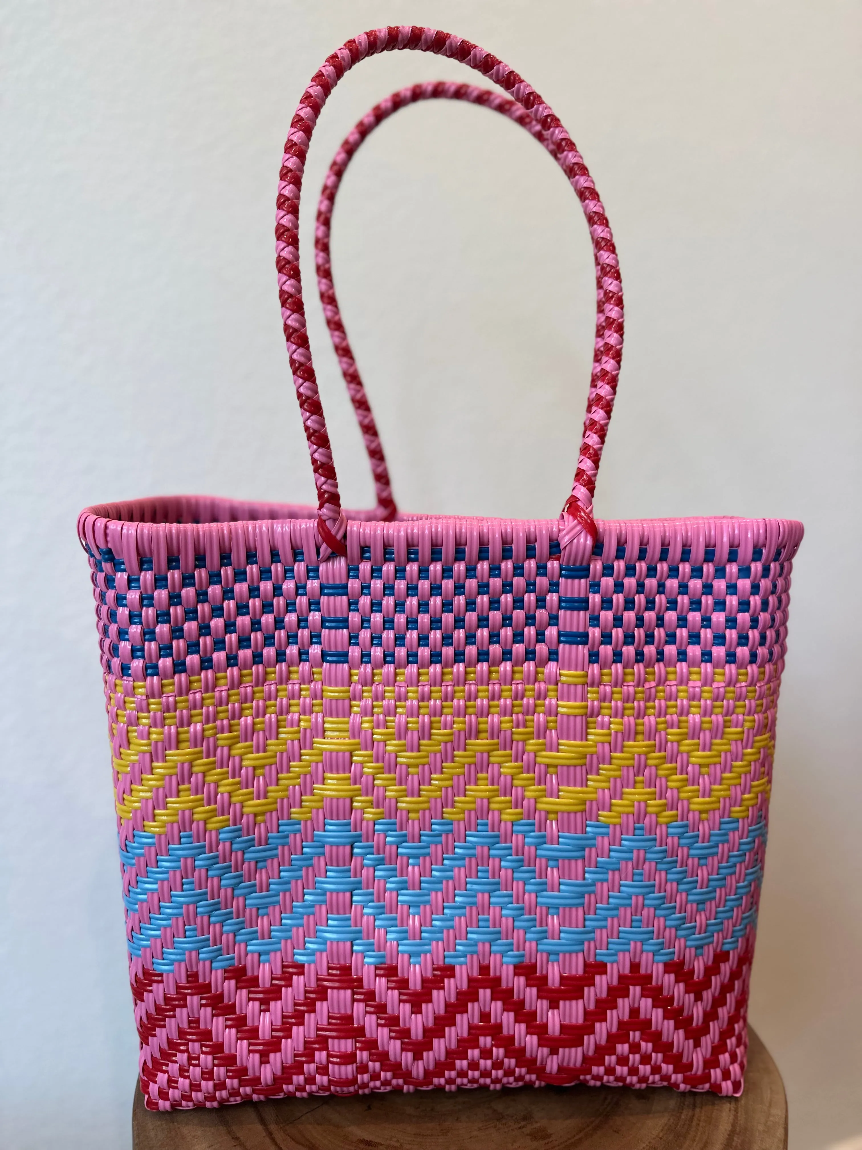 Pink, Yellow, Turquoise and Red Woven Tote- The Book Bag