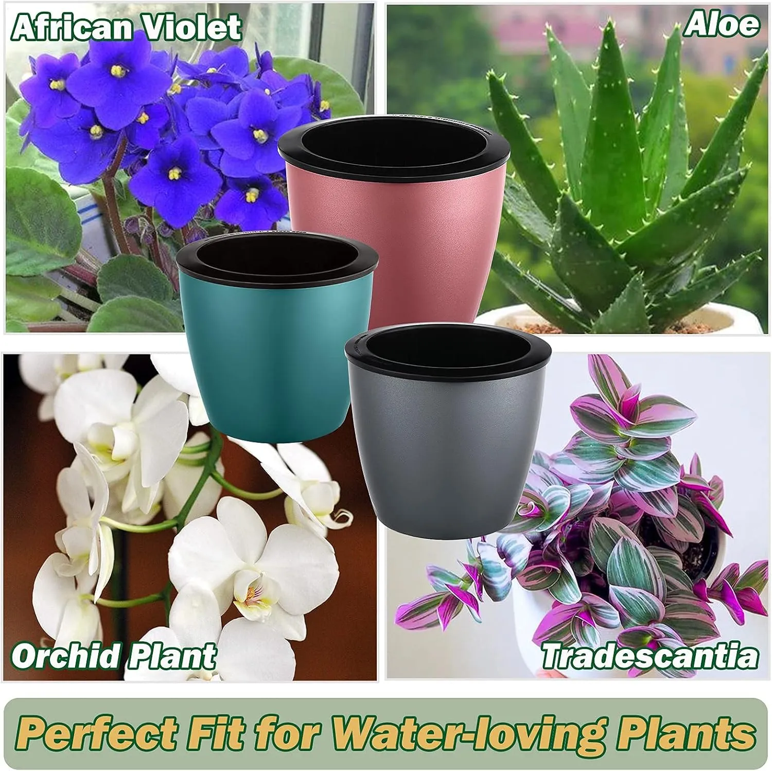 Planterhoma 6.7 Inch Self Watering Pots for Indoor Plants, 3 Packs African Violet Pots, Black Wick Pot with Drainage Holes, Self Watering Planters for Orchid, Devil's Ivy, Silver/Blue/Rose Gold