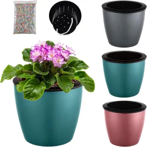 Planterhoma 6.7 Inch Self Watering Pots for Indoor Plants, 3 Packs African Violet Pots, Black Wick Pot with Drainage Holes, Self Watering Planters for Orchid, Devil's Ivy, Silver/Blue/Rose Gold