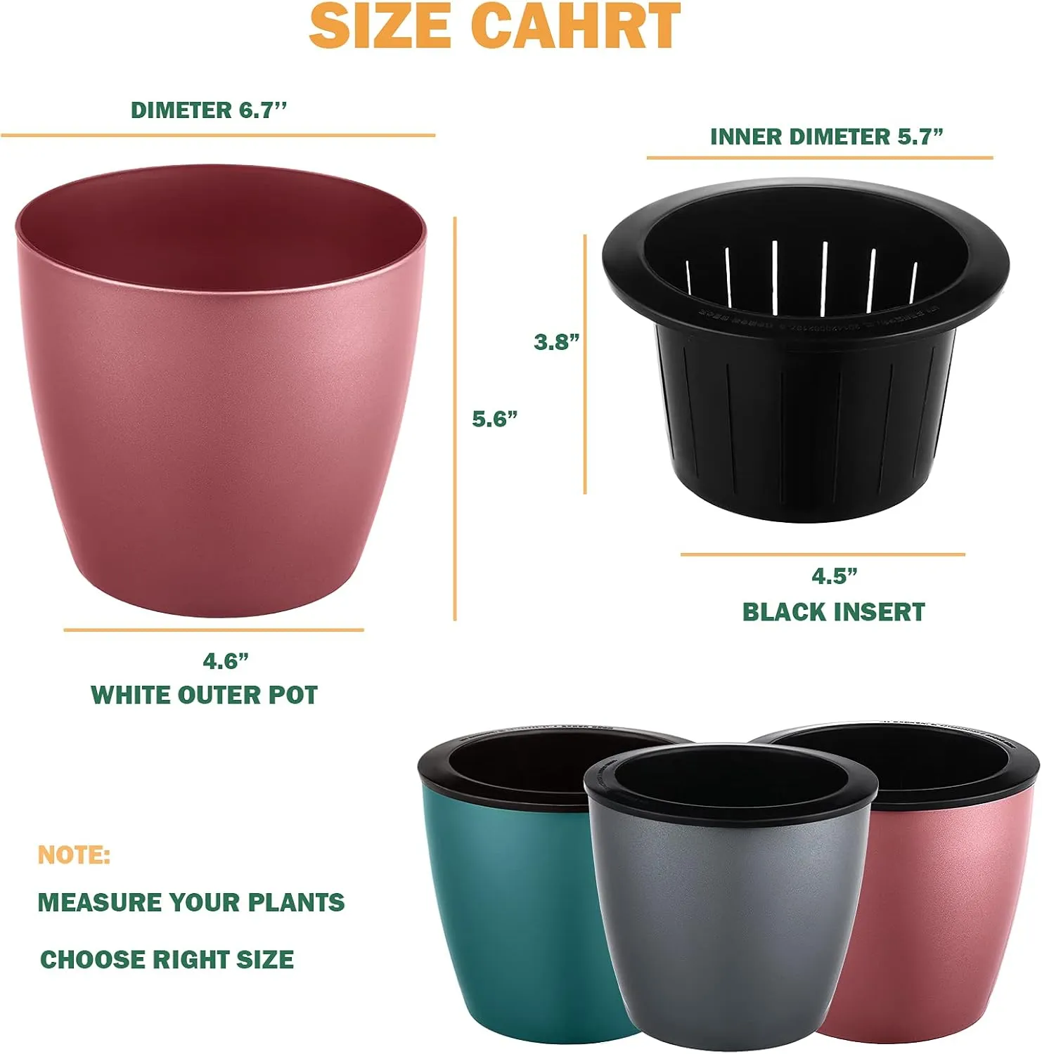 Planterhoma 6.7 Inch Self Watering Pots for Indoor Plants, 3 Packs African Violet Pots, Black Wick Pot with Drainage Holes, Self Watering Planters for Orchid, Devil's Ivy, Silver/Blue/Rose Gold