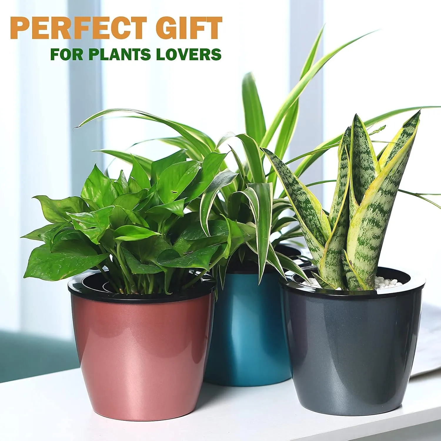 Planterhoma 6.7 Inch Self Watering Pots for Indoor Plants, 3 Packs African Violet Pots, Black Wick Pot with Drainage Holes, Self Watering Planters for Orchid, Devil's Ivy, Silver/Blue/Rose Gold