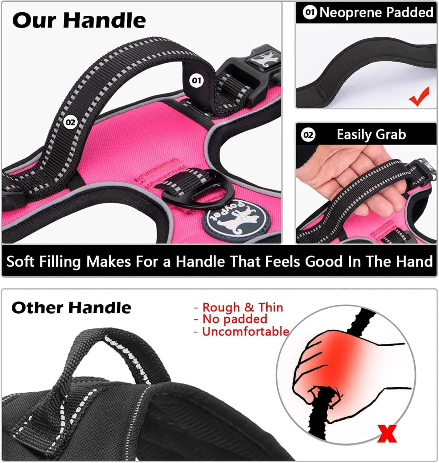 PoyPet No Pull Dog Harness, No Choke Front Lead Dog Reflective Harness, Adjustable Soft Padded Pet Vest with Easy Control Handle for Small to Large Dogs(Pink,S)