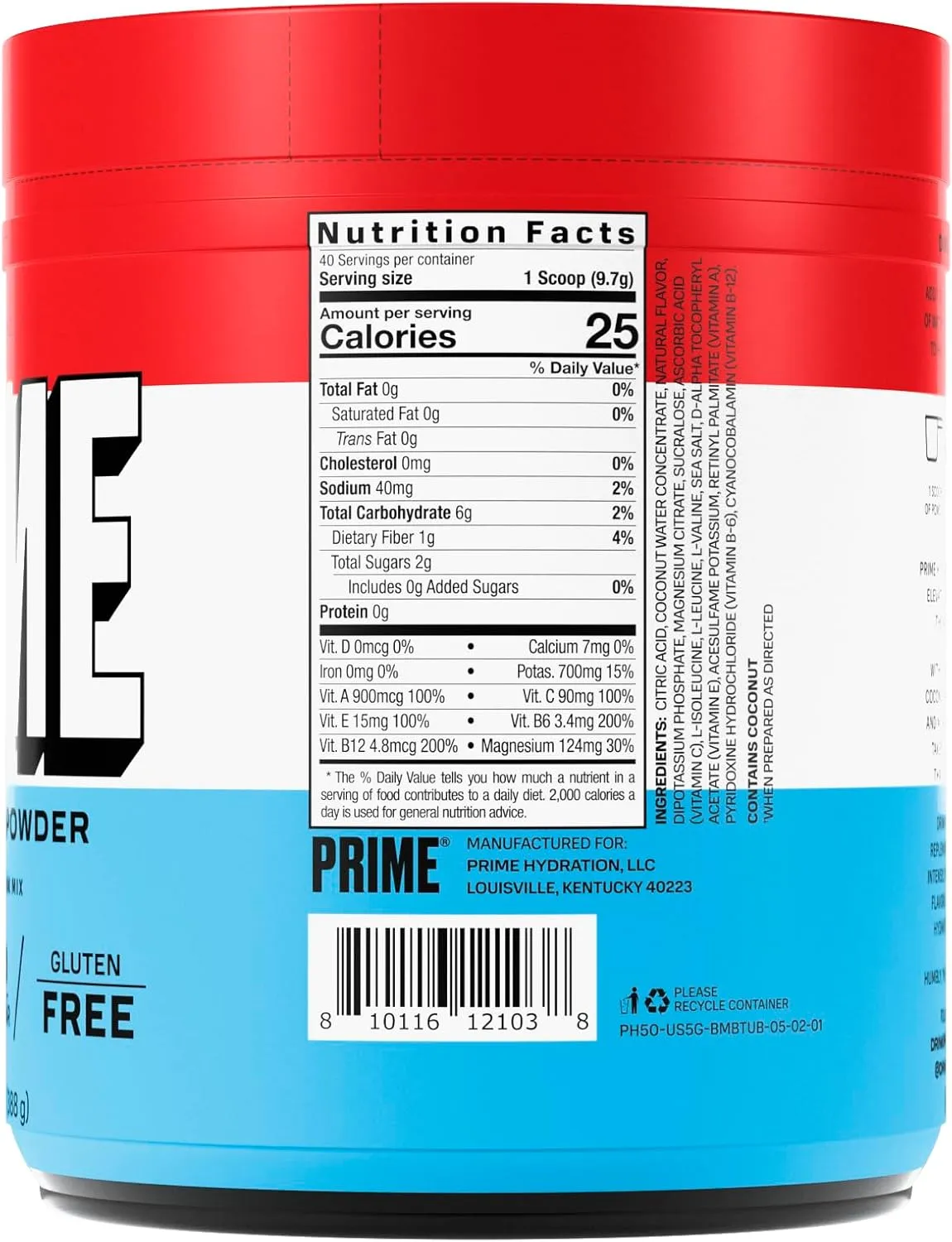 PRIME HYDRATION Powder ICE POP, Caffeine-Free, Electrolyte Powder On The Go, 250mg BCAAs, B Vitamins, Antioxidants, Low Sugar, Vegan, 5 Gallon Tub