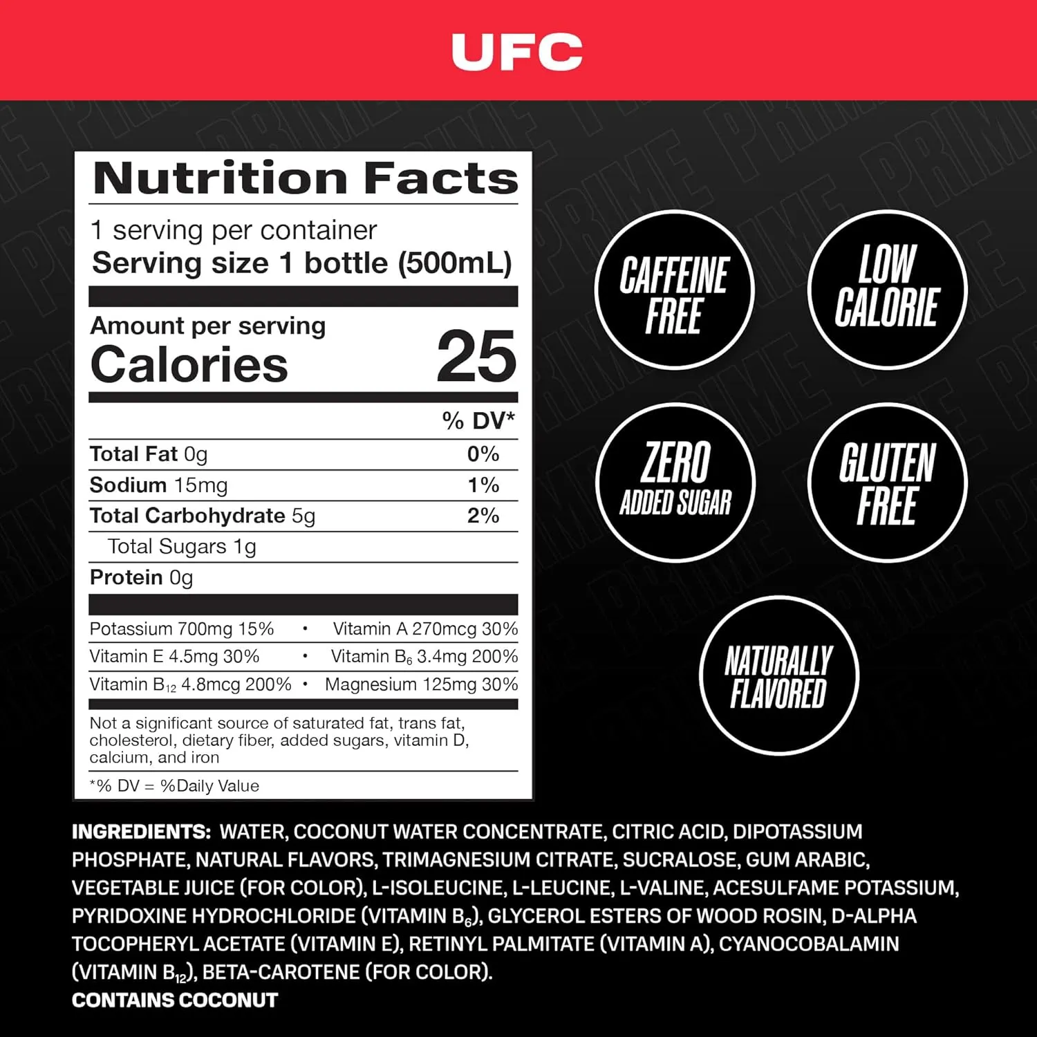 PRIME Hydration UFC, Sports Drinks, Electrolyte Enhanced for Ultimate Hydration, 250mg BCAAs, B Vitamins, Antioxidants, Low Sugar, 16.9 Fl Oz, 12 Pack