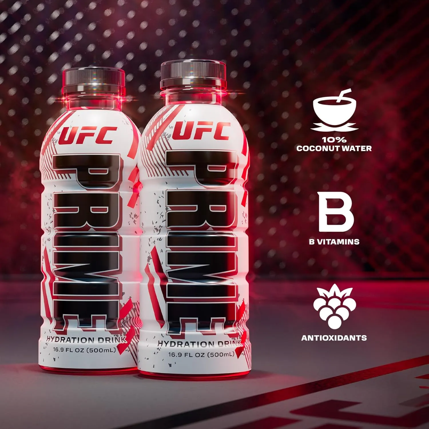 PRIME Hydration UFC, Sports Drinks, Electrolyte Enhanced for Ultimate Hydration, 250mg BCAAs, B Vitamins, Antioxidants, Low Sugar, 16.9 Fl Oz, 12 Pack