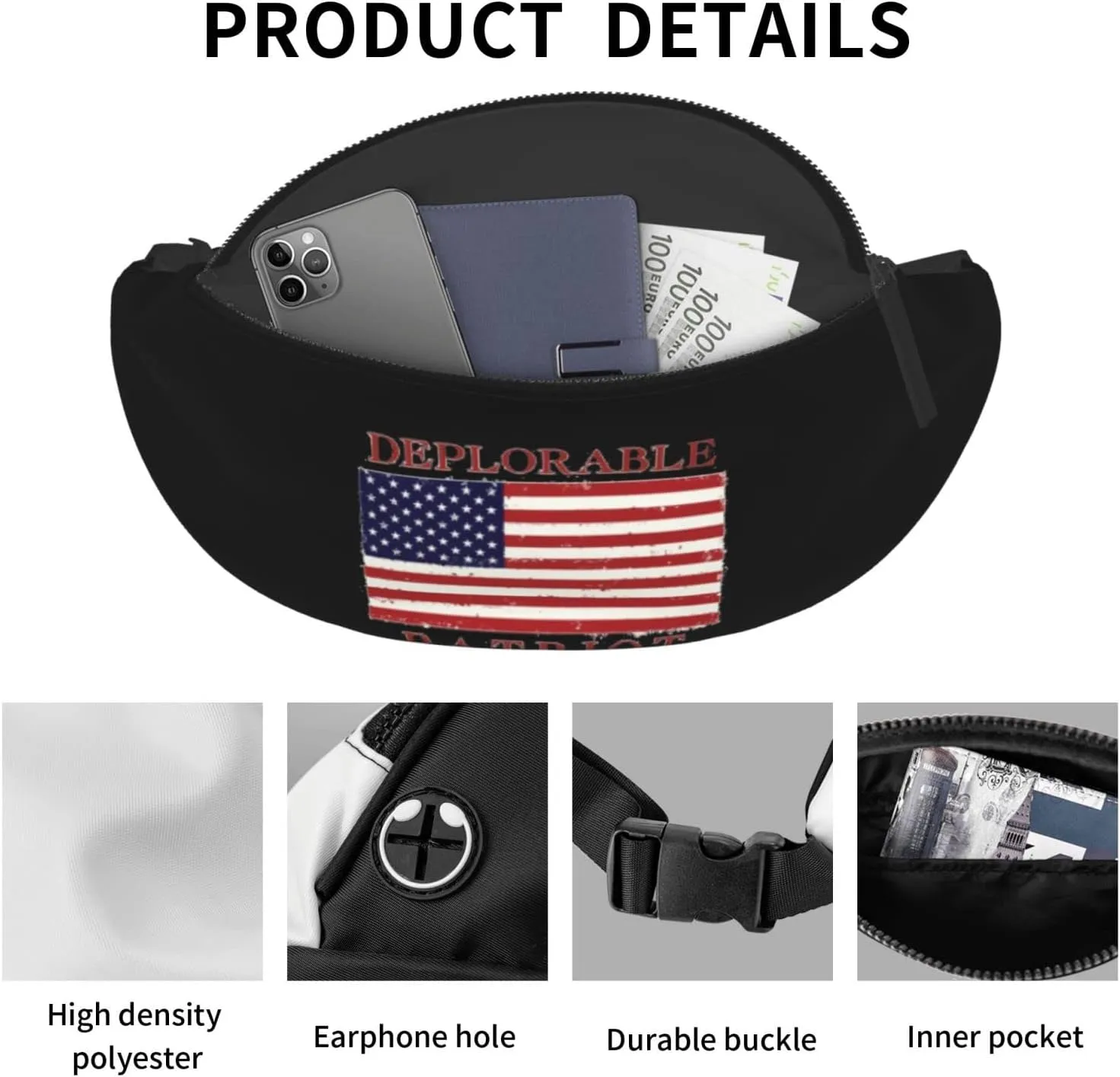 Proud Deplorable Patriot American Flag Unisex Adjustable Waist Bag Outdoor Sports Running Waist Bag Business Travel Phone Bag