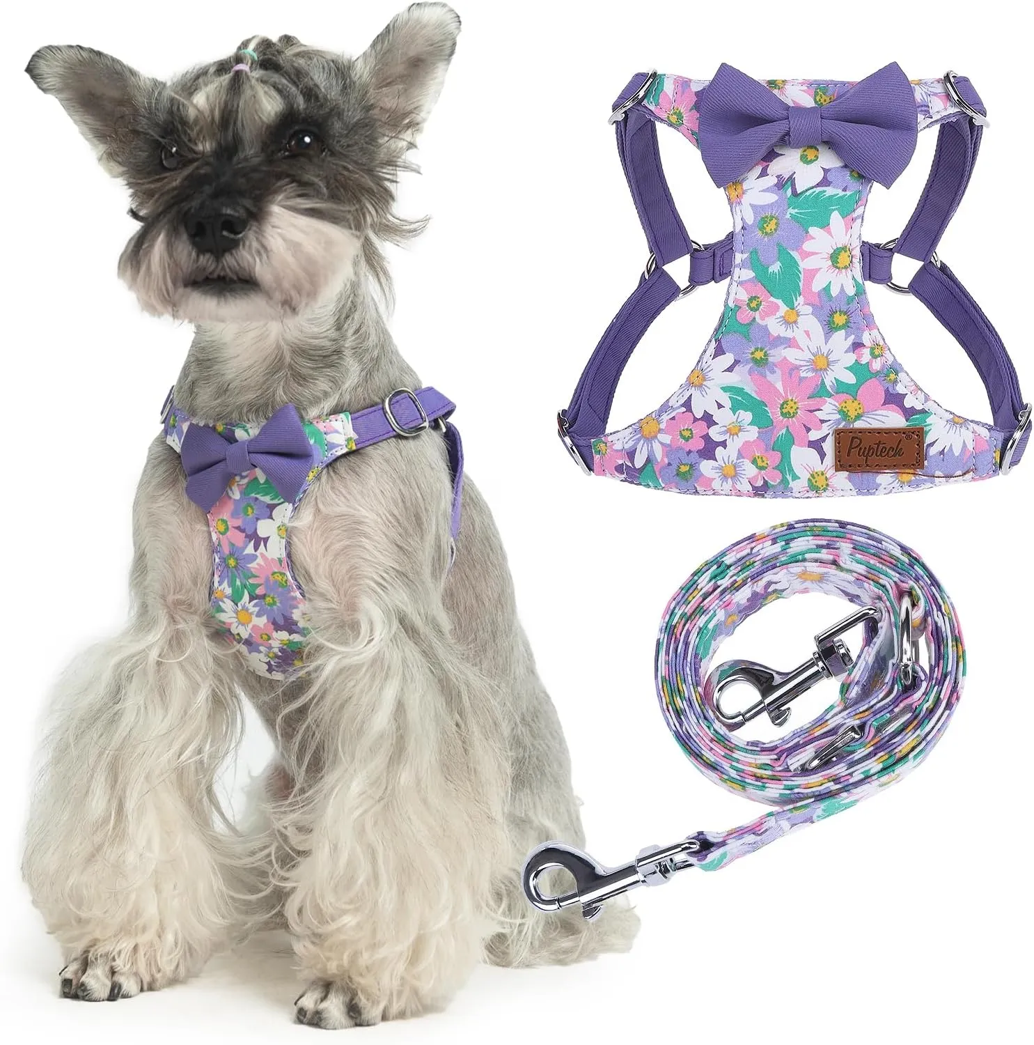 PUPTECK Dog Harness and Leash Set Small Sized, Step-in Cute Puppy Harness, Soft Lightweight Padded Vest, Escape Proof No Pull Pet Harnesses Easy for Walking, Flower Purple, S