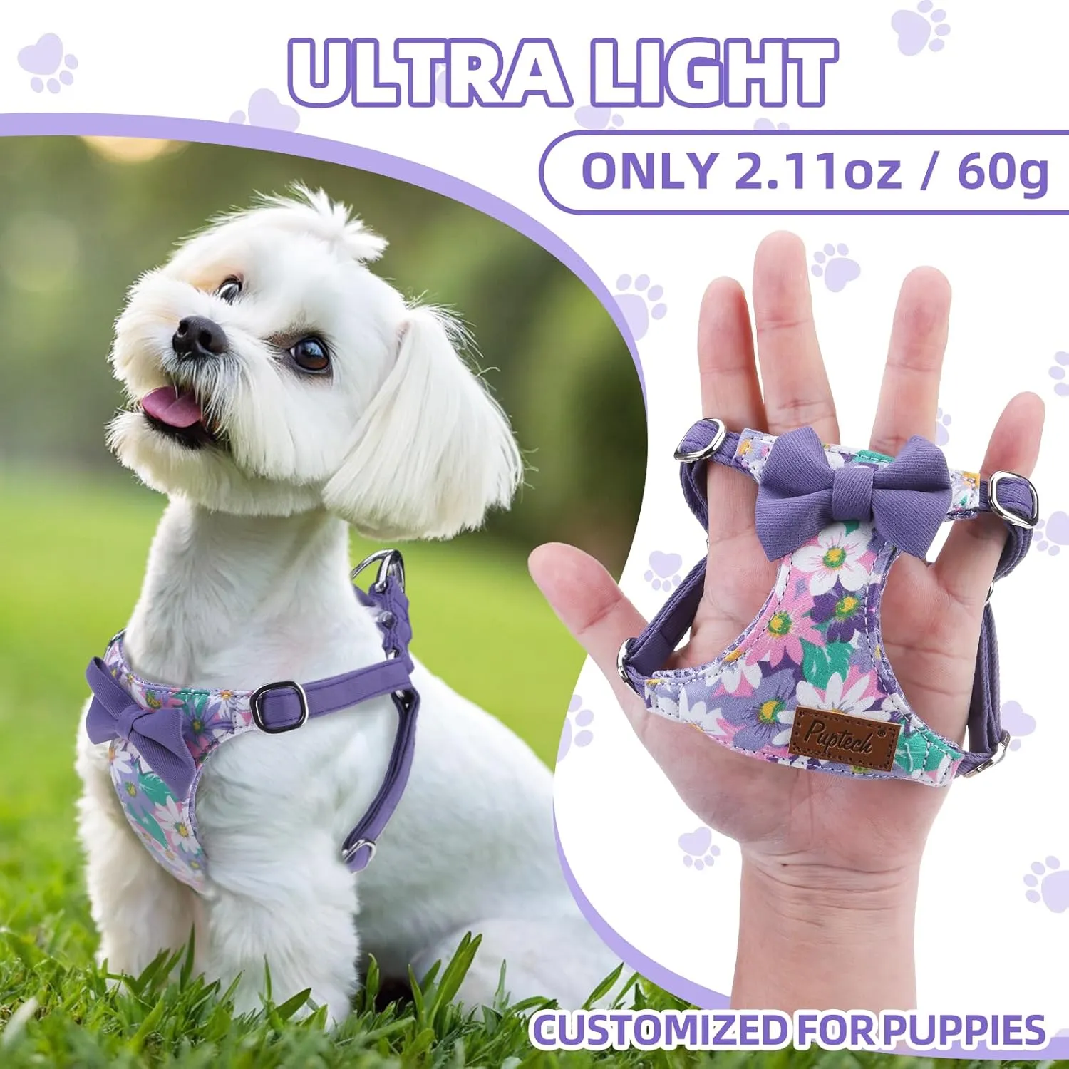 PUPTECK Dog Harness and Leash Set Small Sized, Step-in Cute Puppy Harness, Soft Lightweight Padded Vest, Escape Proof No Pull Pet Harnesses Easy for Walking, Flower Purple, S