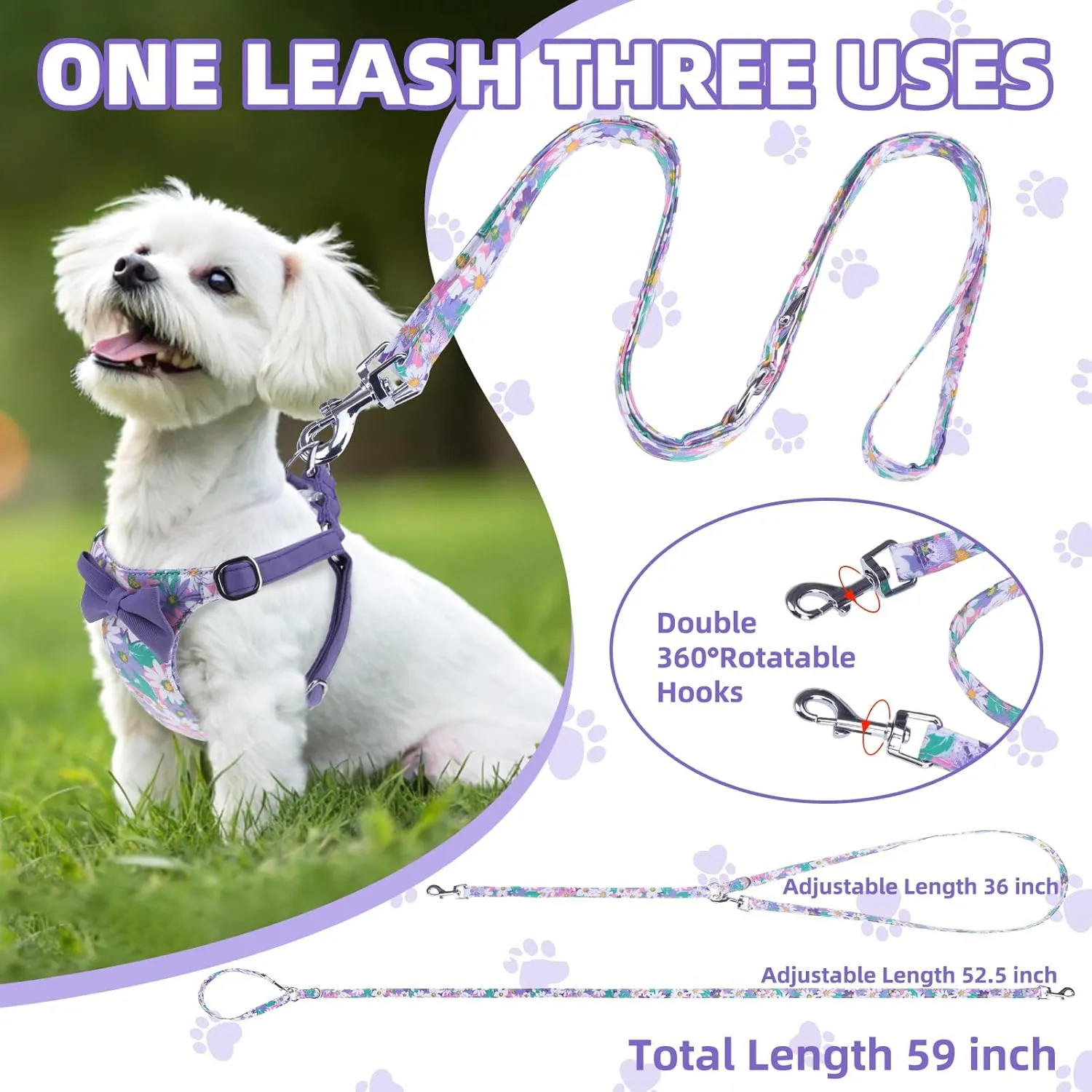 PUPTECK Dog Harness and Leash Set Small Sized, Step-in Cute Puppy Harness, Soft Lightweight Padded Vest, Escape Proof No Pull Pet Harnesses Easy for Walking, Flower Purple, S