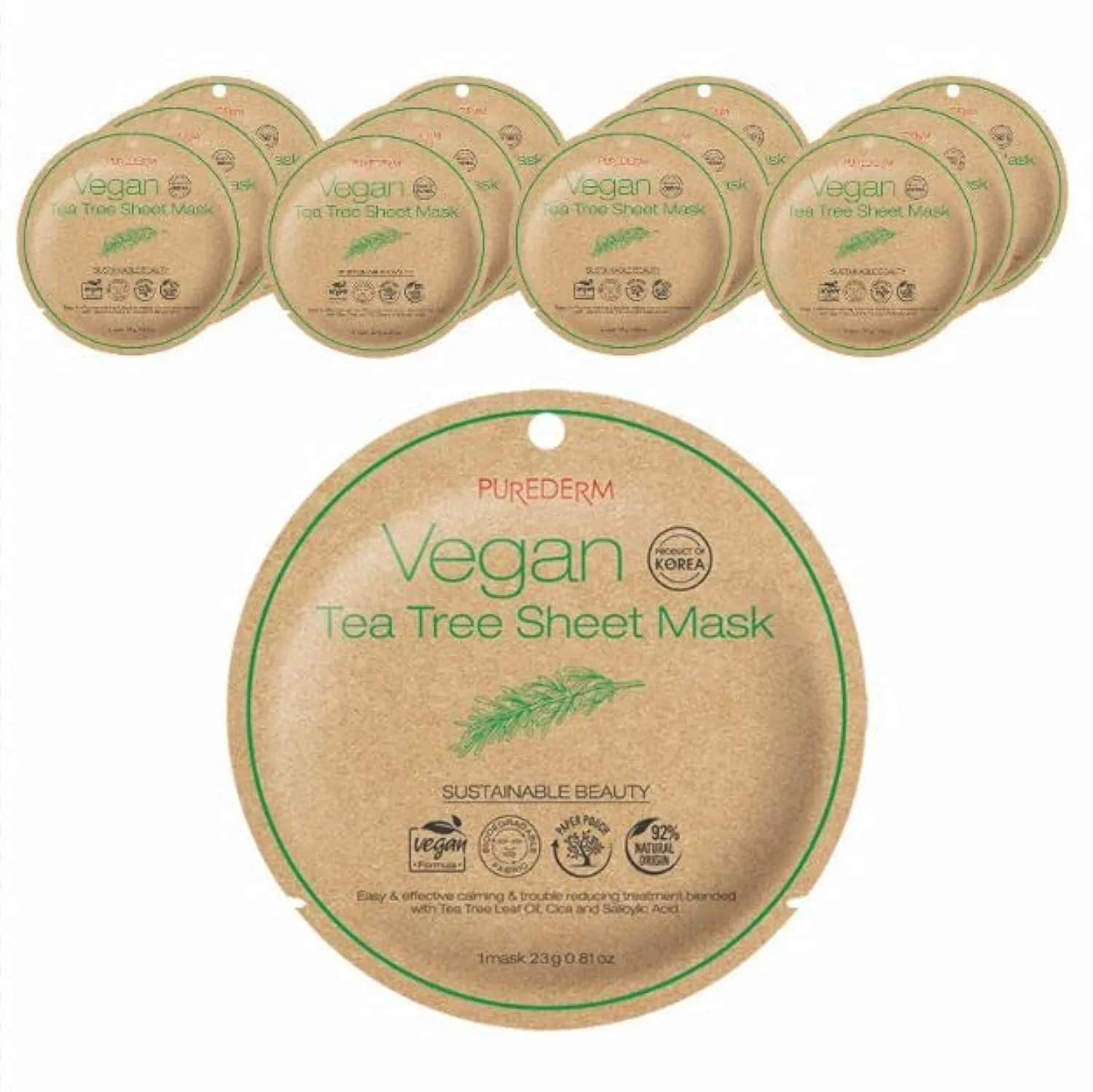 Purederm Vegan Tea Tree Sheet Masks (12 Packs) – Facial Sheet Mask for Calming & Trouble Reducing Treatment