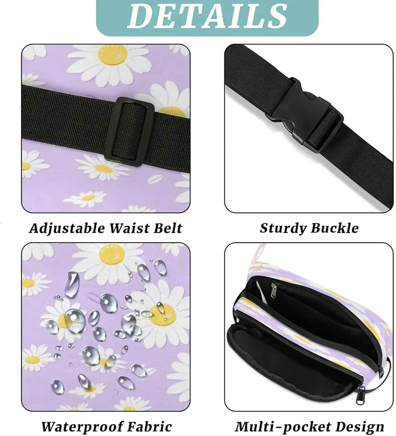 Purple Daisy Waterproof Unisex Square Fanny Pack, Adjustable Waist Bag with Pockets, Sturdy Lightweight Crossbody Bag for Travel, Running, Hiking (9x6.1x2.5 Inches)