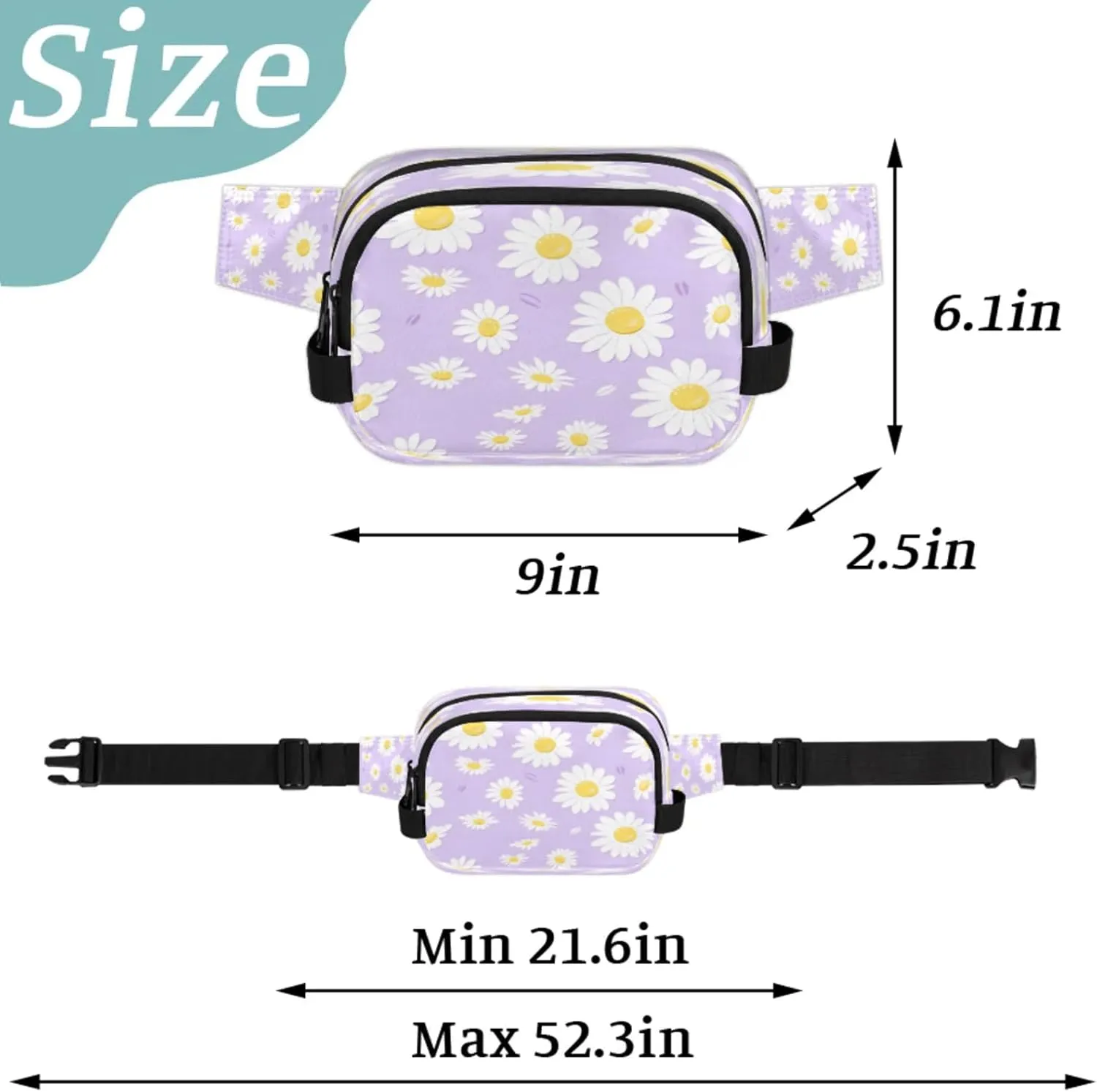 Purple Daisy Waterproof Unisex Square Fanny Pack, Adjustable Waist Bag with Pockets, Sturdy Lightweight Crossbody Bag for Travel, Running, Hiking (9x6.1x2.5 Inches)