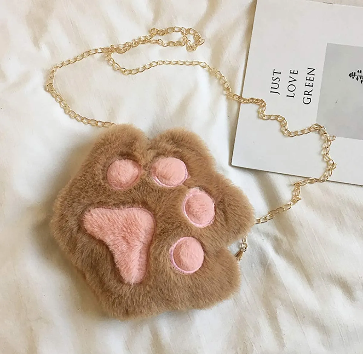 RARITYUS Cute Cat Paw Shape Shoulder Bag Purse Fluffy Plush Crossbody Handbag Clutch with Chain Strap for Women Girls
