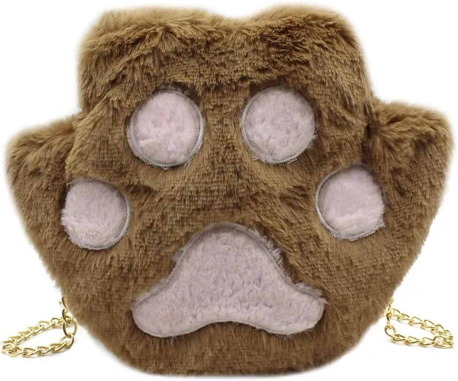 RARITYUS Cute Cat Paw Shape Shoulder Bag Purse Fluffy Plush Crossbody Handbag Clutch with Chain Strap for Women Girls