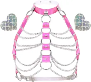 Rave Hologram Body Chest Harness Cage Bra Choker Chain Belts Body Costume with Pasties for Music Festival Roleplay Clubwear