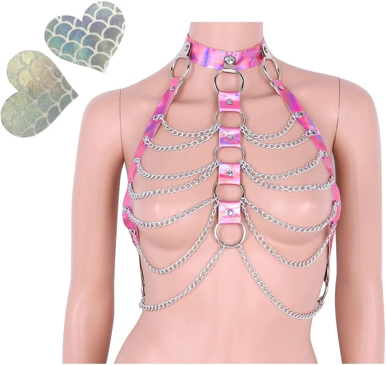 Rave Hologram Body Chest Harness Cage Bra Choker Chain Belts Body Costume with Pasties for Music Festival Roleplay Clubwear