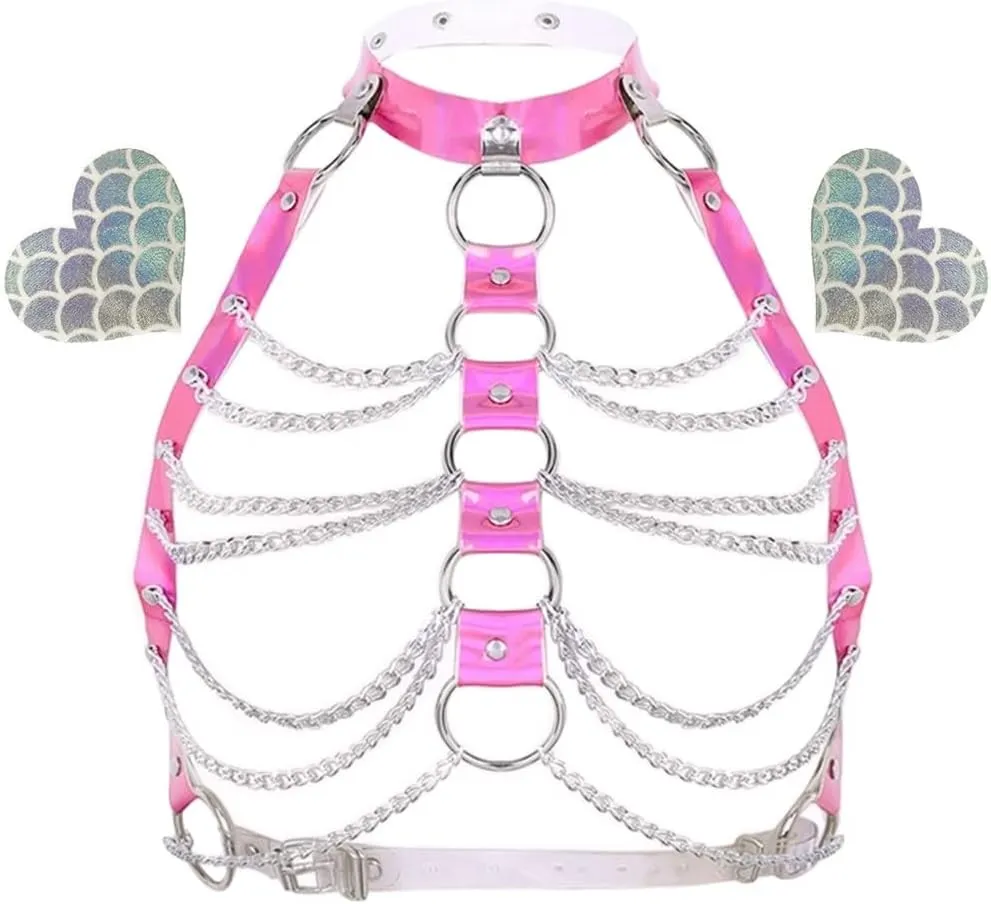 Rave Hologram Body Chest Harness Cage Bra Choker Chain Belts Body Costume with Pasties for Music Festival Roleplay Clubwear
