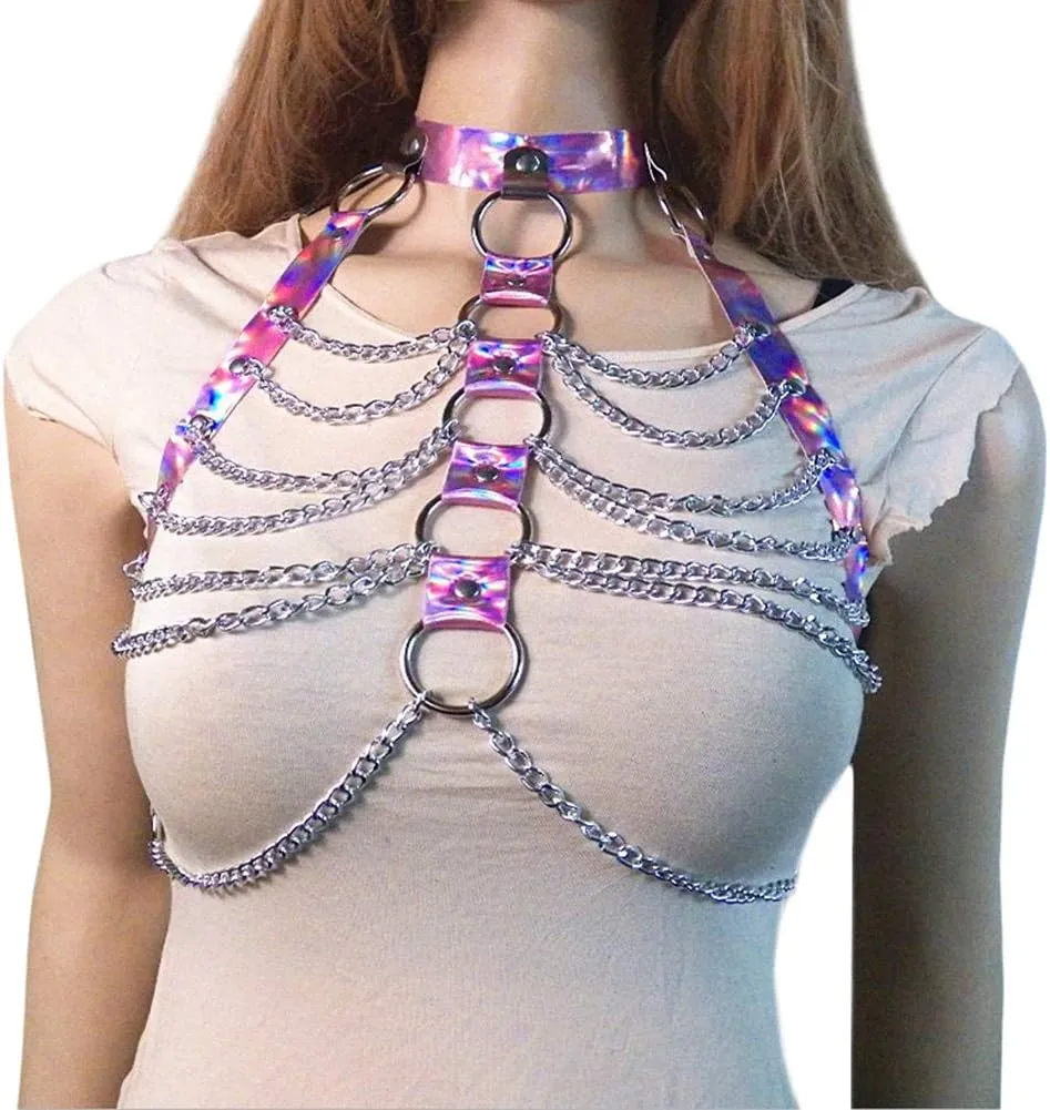 Rave Hologram Body Chest Harness Cage Bra Choker Chain Belts Body Costume with Pasties for Music Festival Roleplay Clubwear