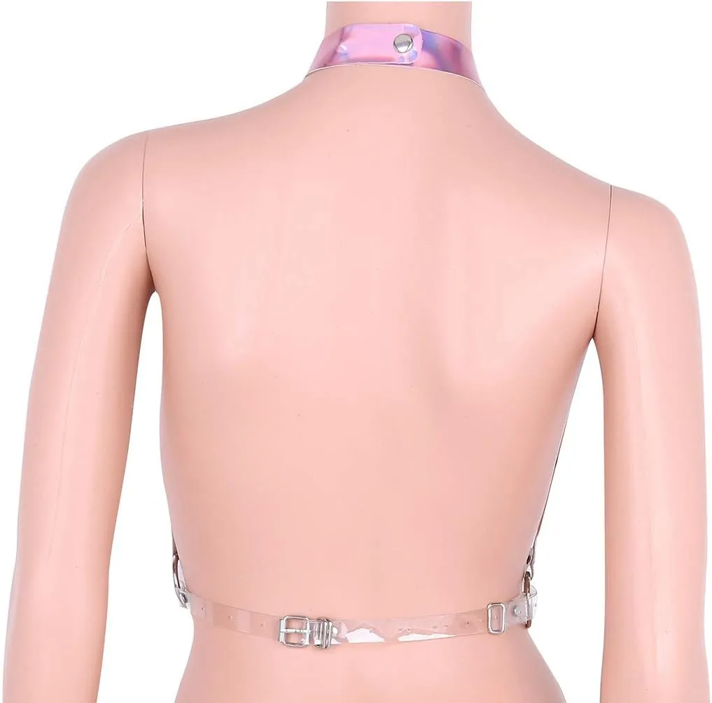 Rave Hologram Body Chest Harness Cage Bra Choker Chain Belts Body Costume with Pasties for Music Festival Roleplay Clubwear