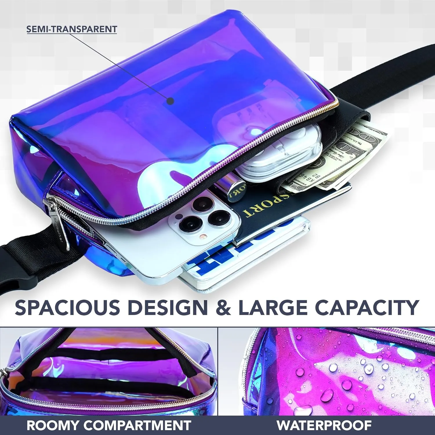 Rave Laser Purple Green Crossbody Belt Bag for Women – Stylish Fanny Pack, Functional and Fashion Waist Packs for Travel, Festivals, and Everyday Use