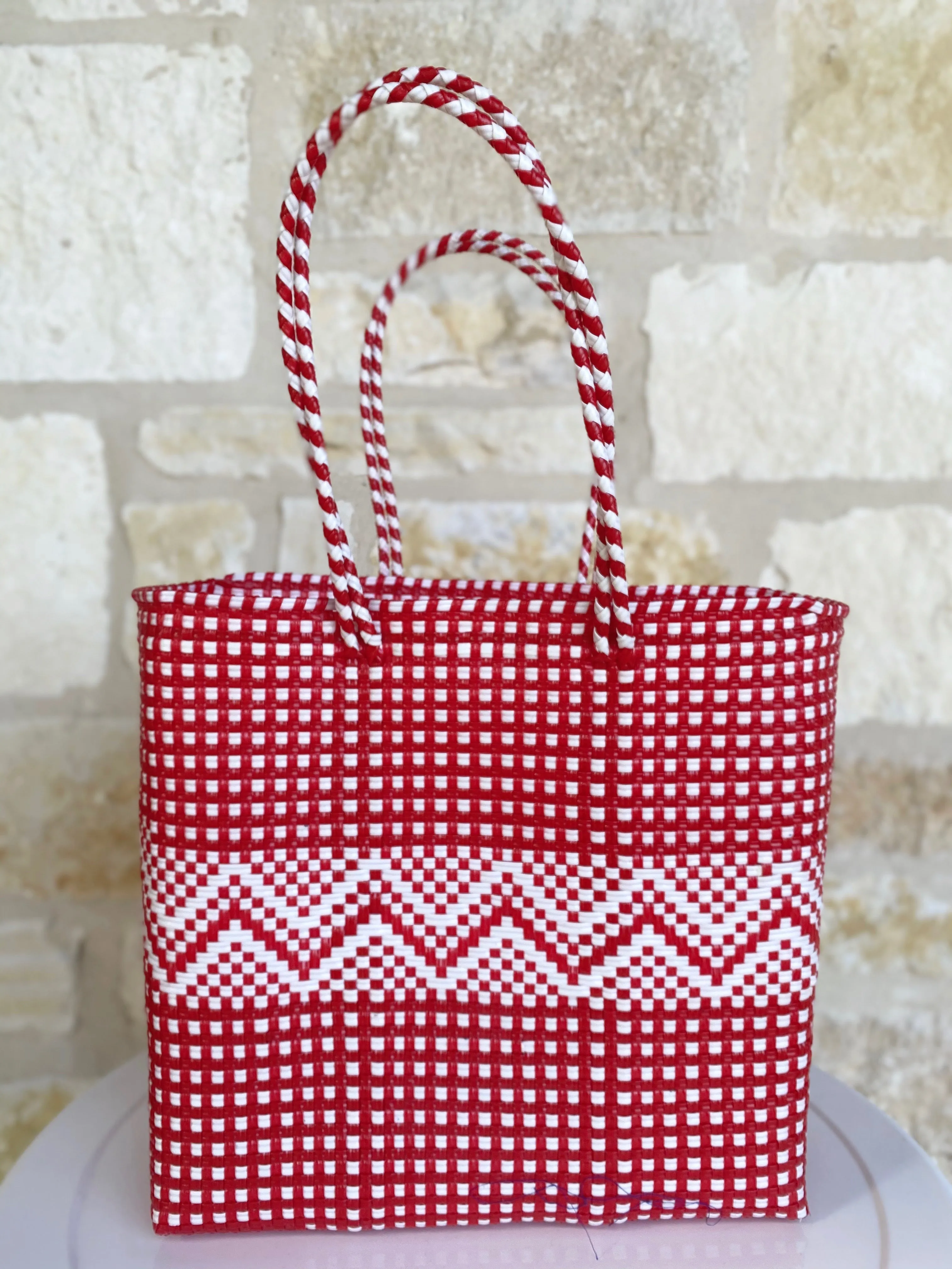 Red and White Woven Tote