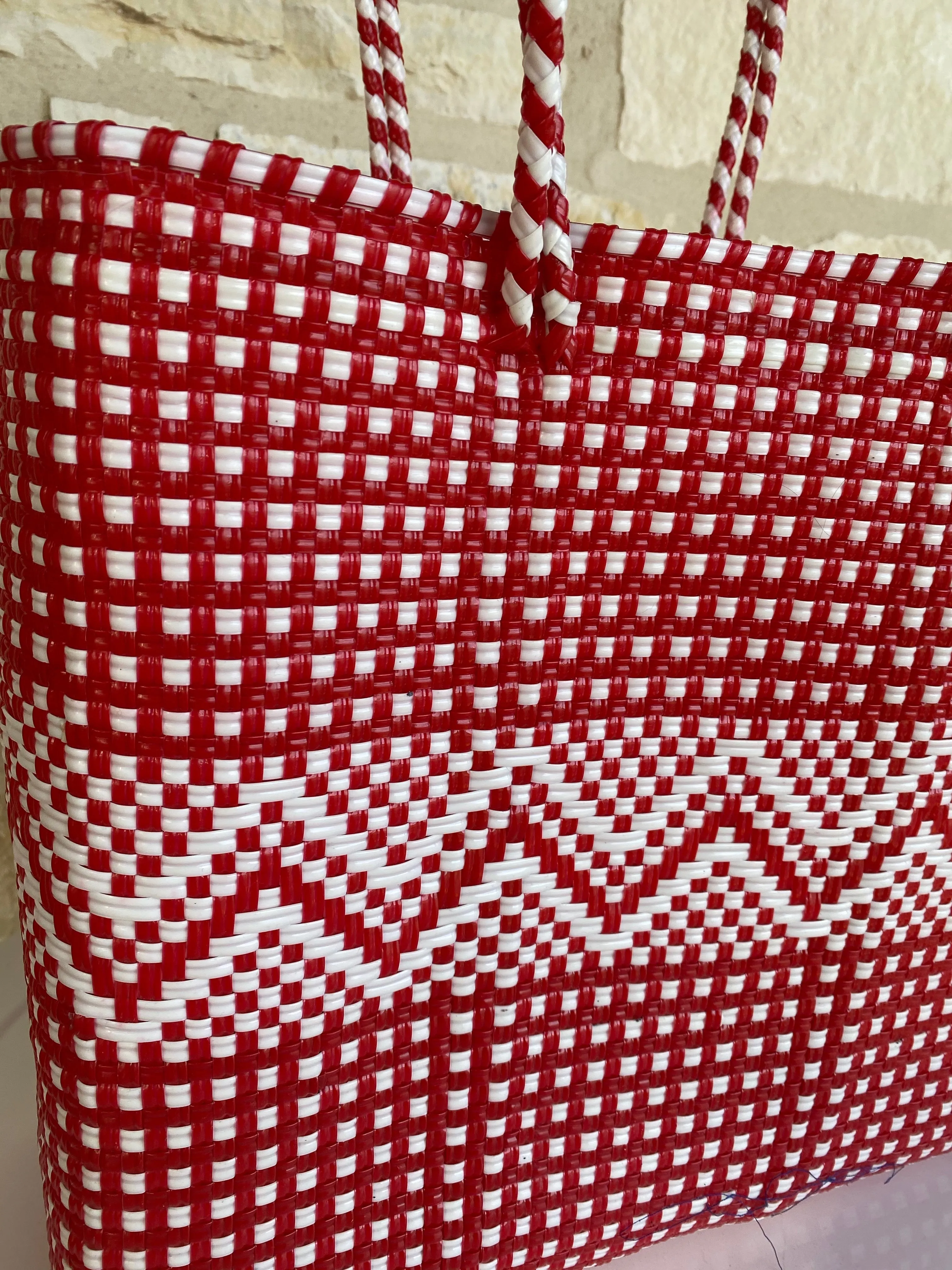 Red and White Woven Tote