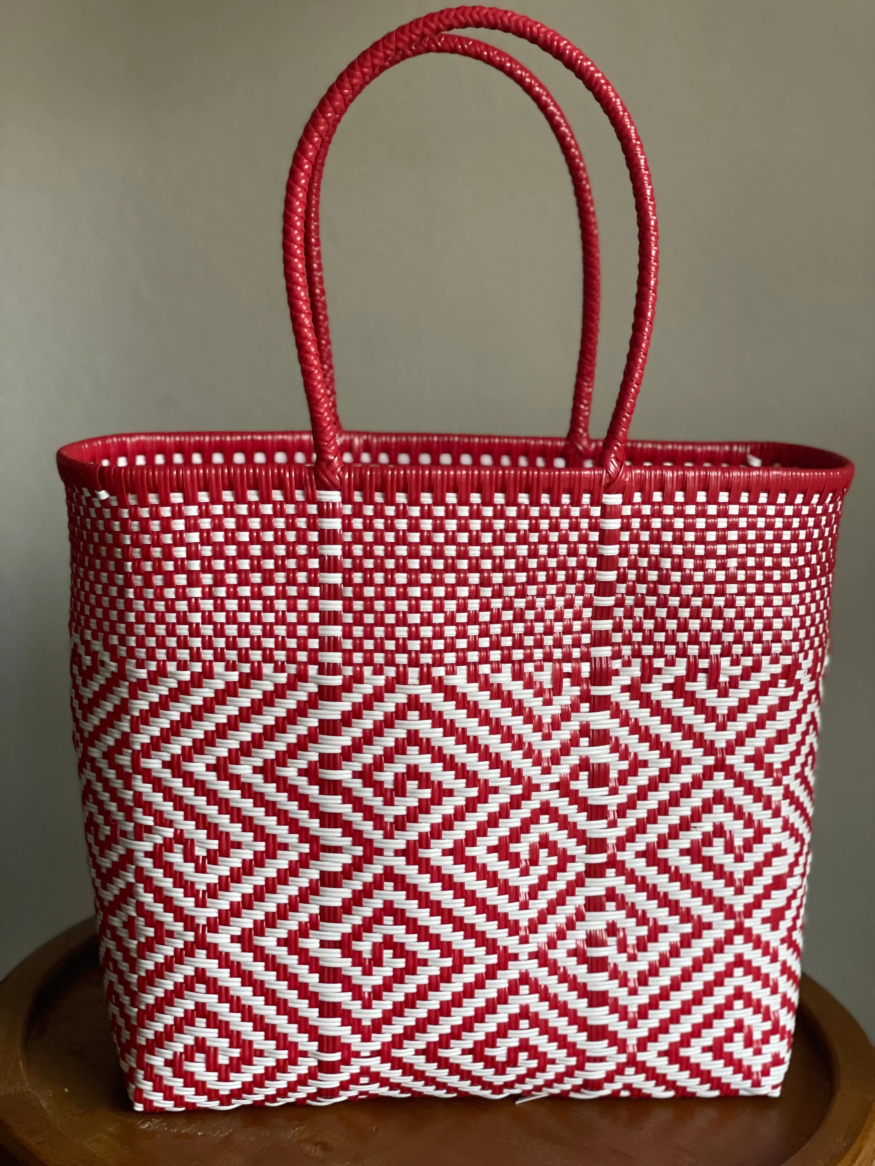 Red and White Woven Tote