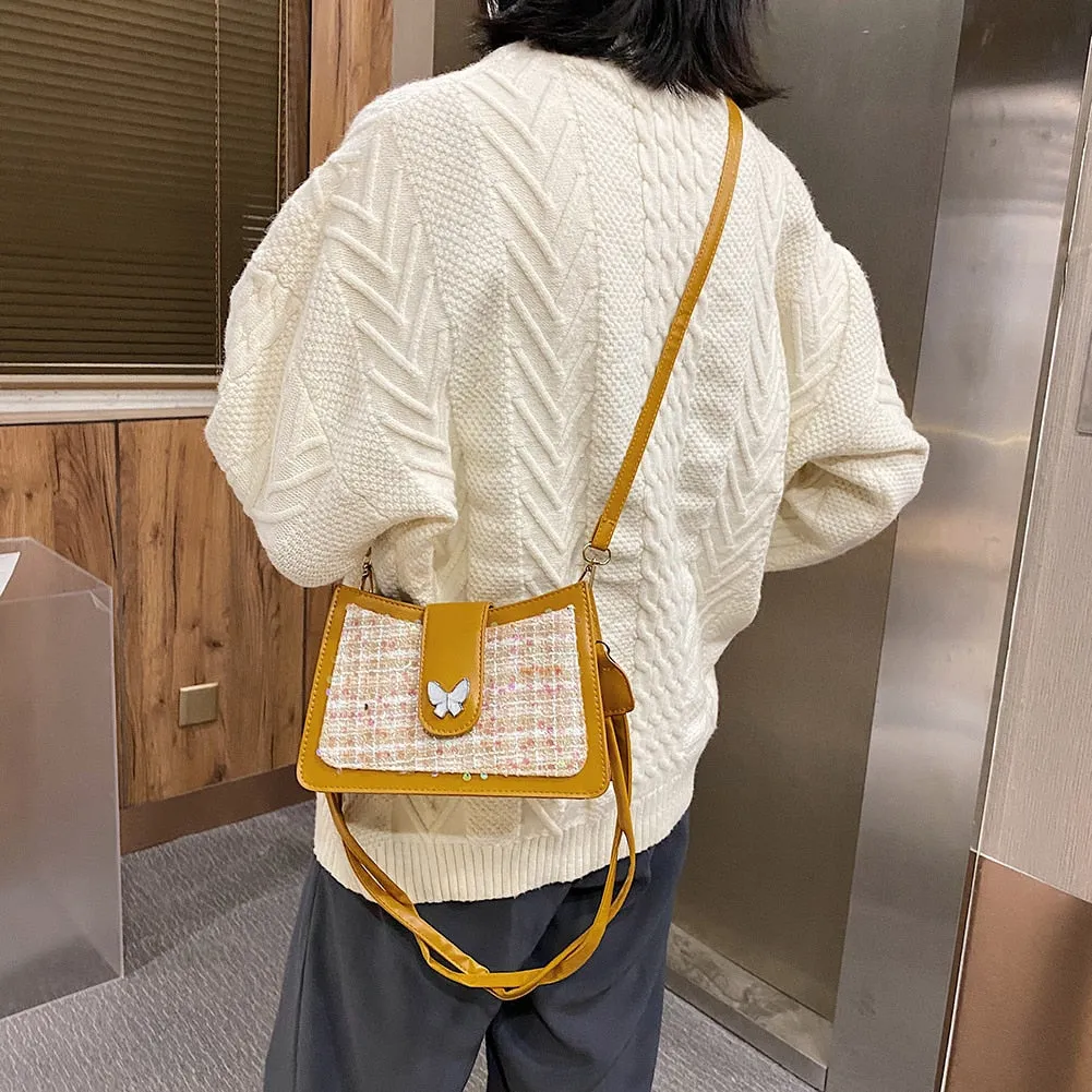 Retro Woolen Butterfly Sequined Crossbody Bag for Women