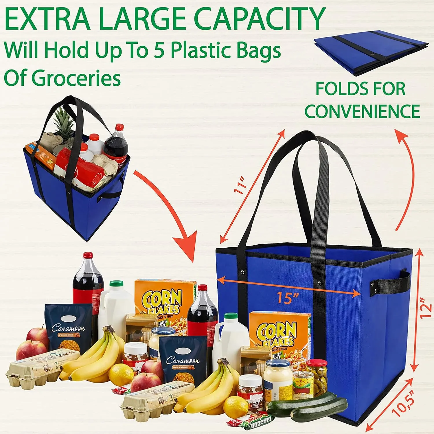 Reusable Grocery Box Bags. Large, Durable Heavy Duty Premium Quality Shopping Totes Set. Collapsible, Extra Long Handles & Reinforced Bottom, Pack of 3 (Red, Blue, Green) Eco Friendly