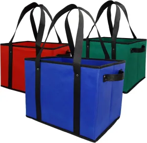 Reusable Grocery Box Bags. Large, Durable Heavy Duty Premium Quality Shopping Totes Set. Collapsible, Extra Long Handles & Reinforced Bottom, Pack of 3 (Red, Blue, Green) Eco Friendly