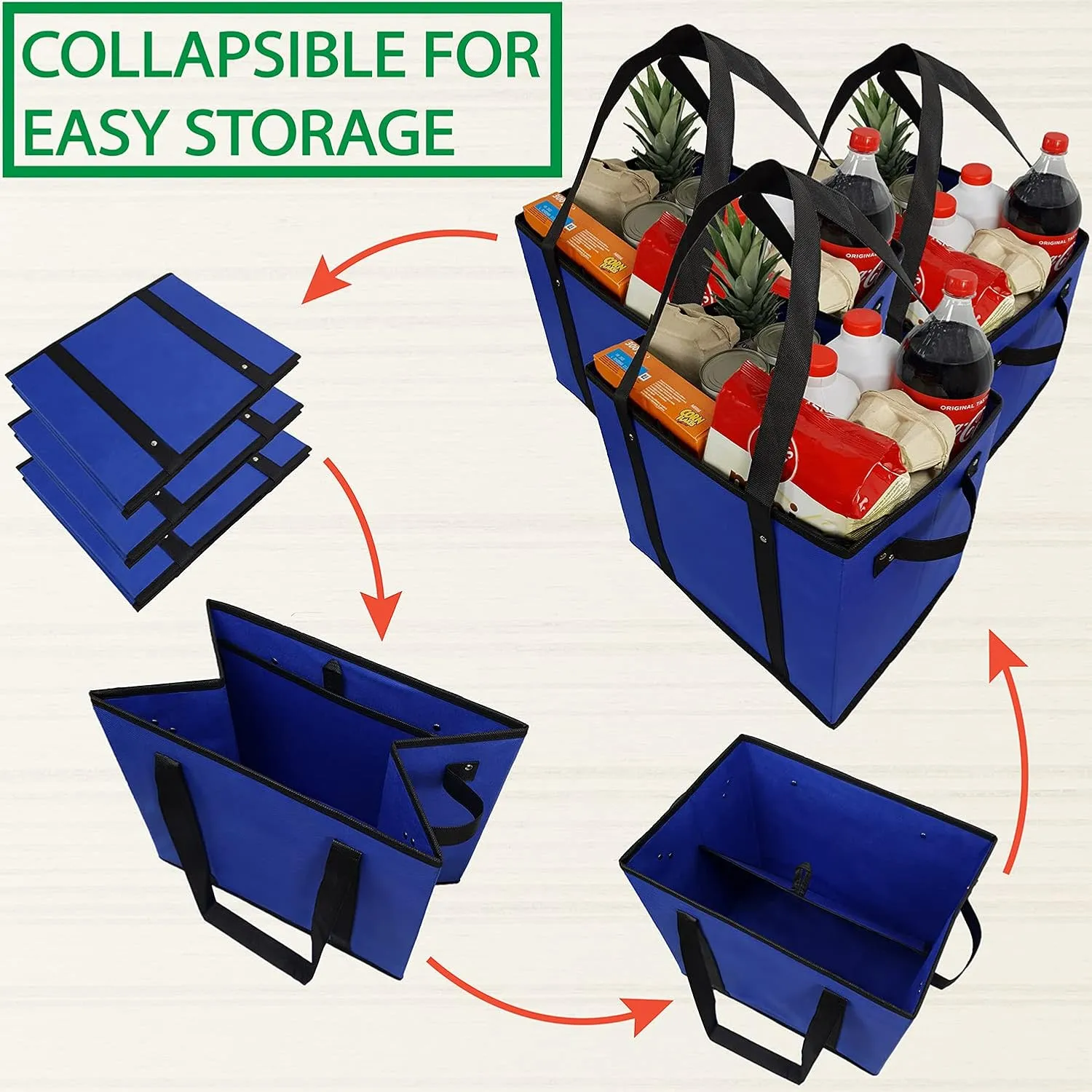 Reusable Grocery Box Bags. Large, Durable Heavy Duty Premium Quality Shopping Totes Set. Collapsible, Extra Long Handles & Reinforced Bottom, Pack of 3 (Red, Blue, Green) Eco Friendly