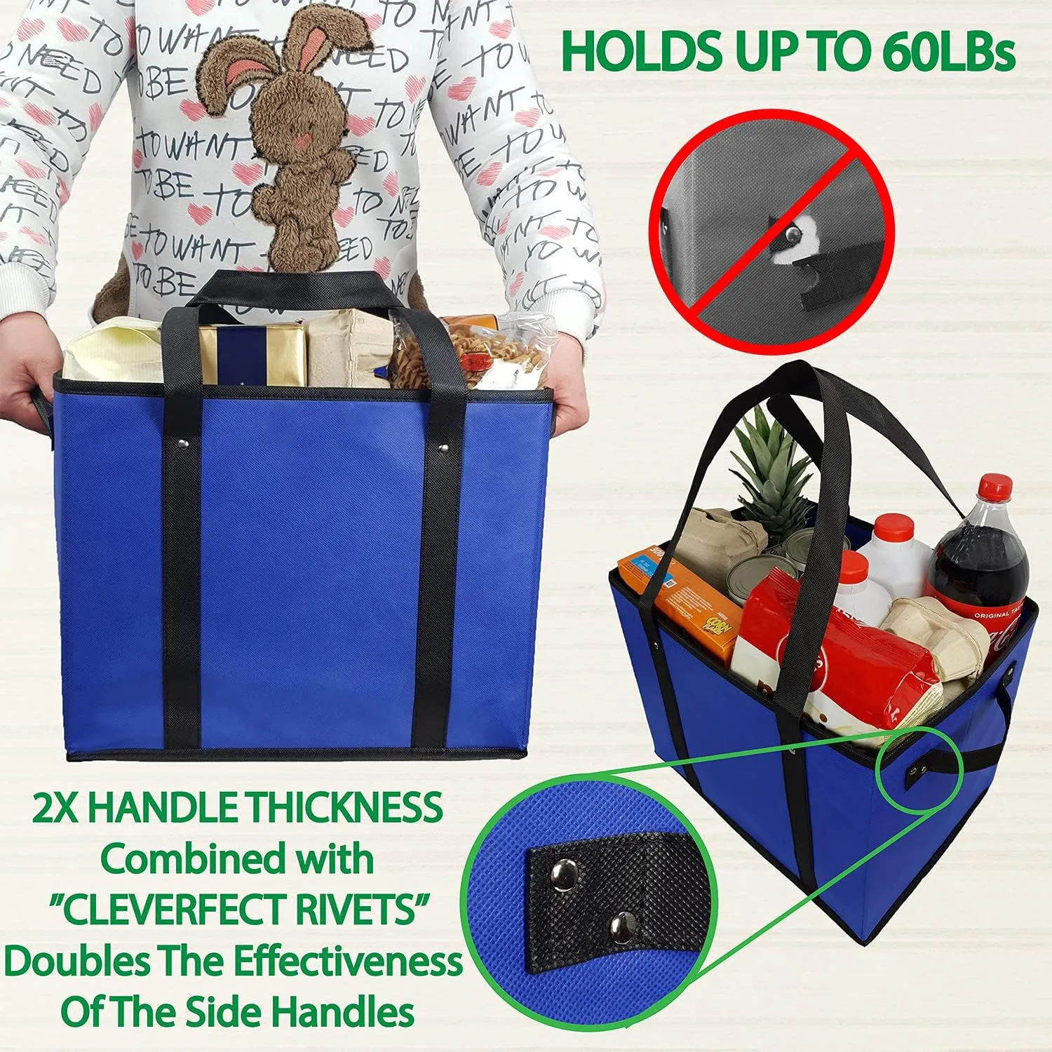 Reusable Grocery Box Bags. Large, Durable Heavy Duty Premium Quality Shopping Totes Set. Collapsible, Extra Long Handles & Reinforced Bottom, Pack of 3 (Red, Blue, Green) Eco Friendly