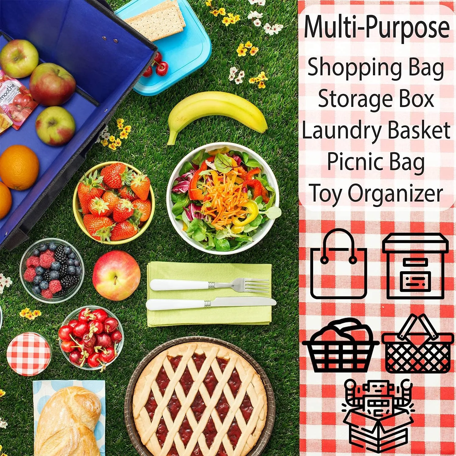 Reusable Grocery Box Bags. Large, Durable Heavy Duty Premium Quality Shopping Totes Set. Collapsible, Extra Long Handles & Reinforced Bottom, Pack of 3 (Red, Blue, Green) Eco Friendly
