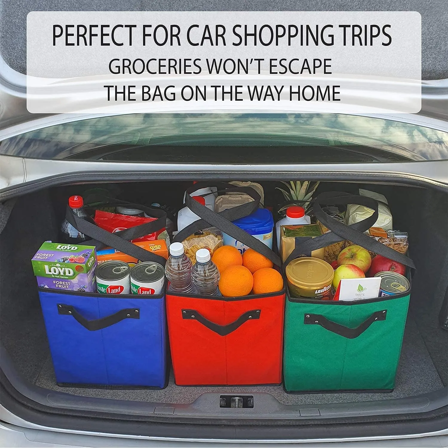 Reusable Grocery Box Bags. Large, Durable Heavy Duty Premium Quality Shopping Totes Set. Collapsible, Extra Long Handles & Reinforced Bottom, Pack of 3 (Red, Blue, Green) Eco Friendly