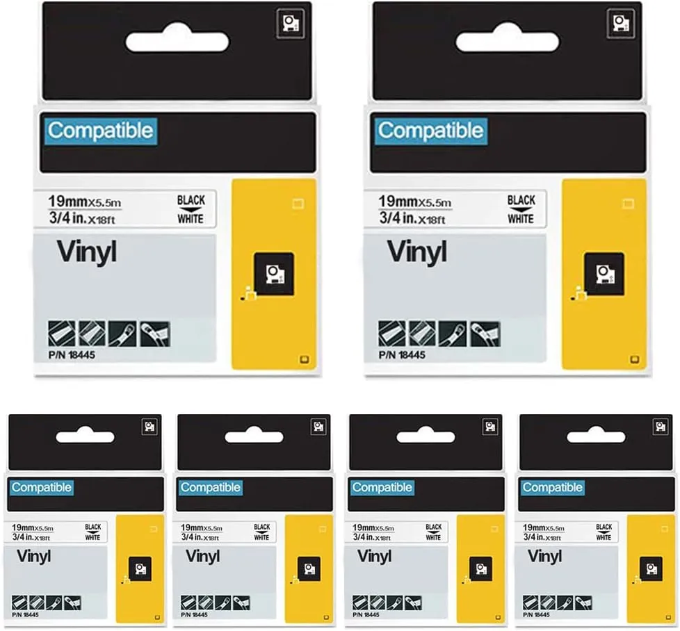 Rhino 4200 5000 5200 6000 18445 3/4" Label Tape Replacement for Dymo 18445 Vinyl Rhino Industrial Permanent Labels Tapes Black on White for Industrial Label Maker, 19mm x 5.5m, 6-Pack