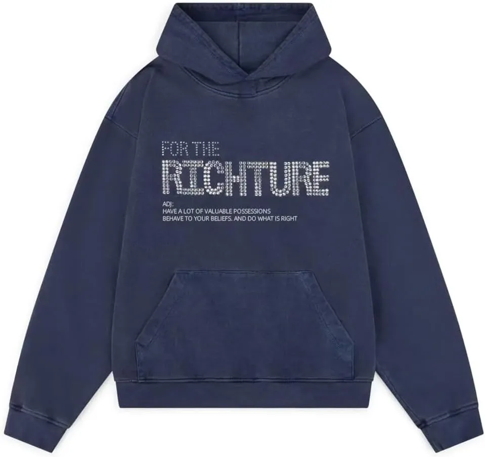 RICHTRUE Navy Blue Culture Hoodie Y2k Cute Oversized Graphic Hoodies Women Crewneck Sweatshirt Bling Grunge Streetwear