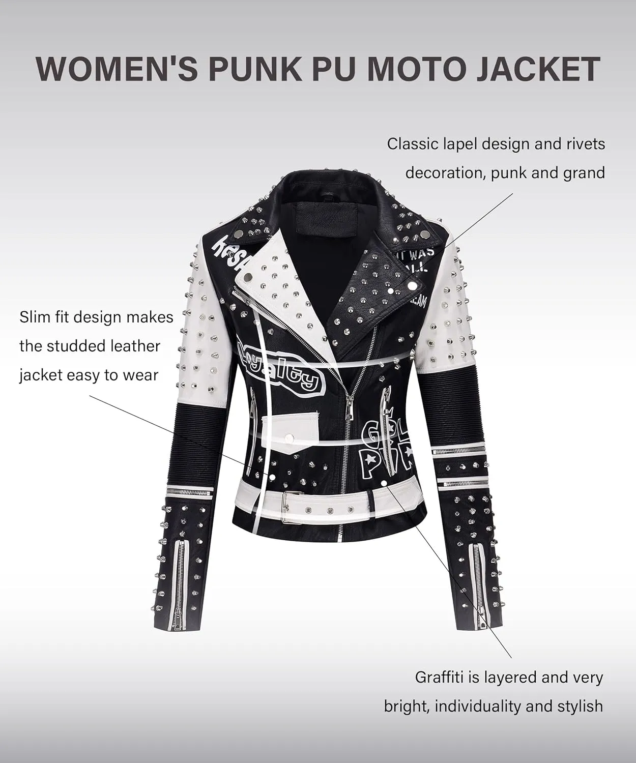 RISISSIDA Women Faux Leather Jacket Studded Rivet Spring Fall Winter Fashion, Moto Biker Trendy Clothes Streetwear Belted