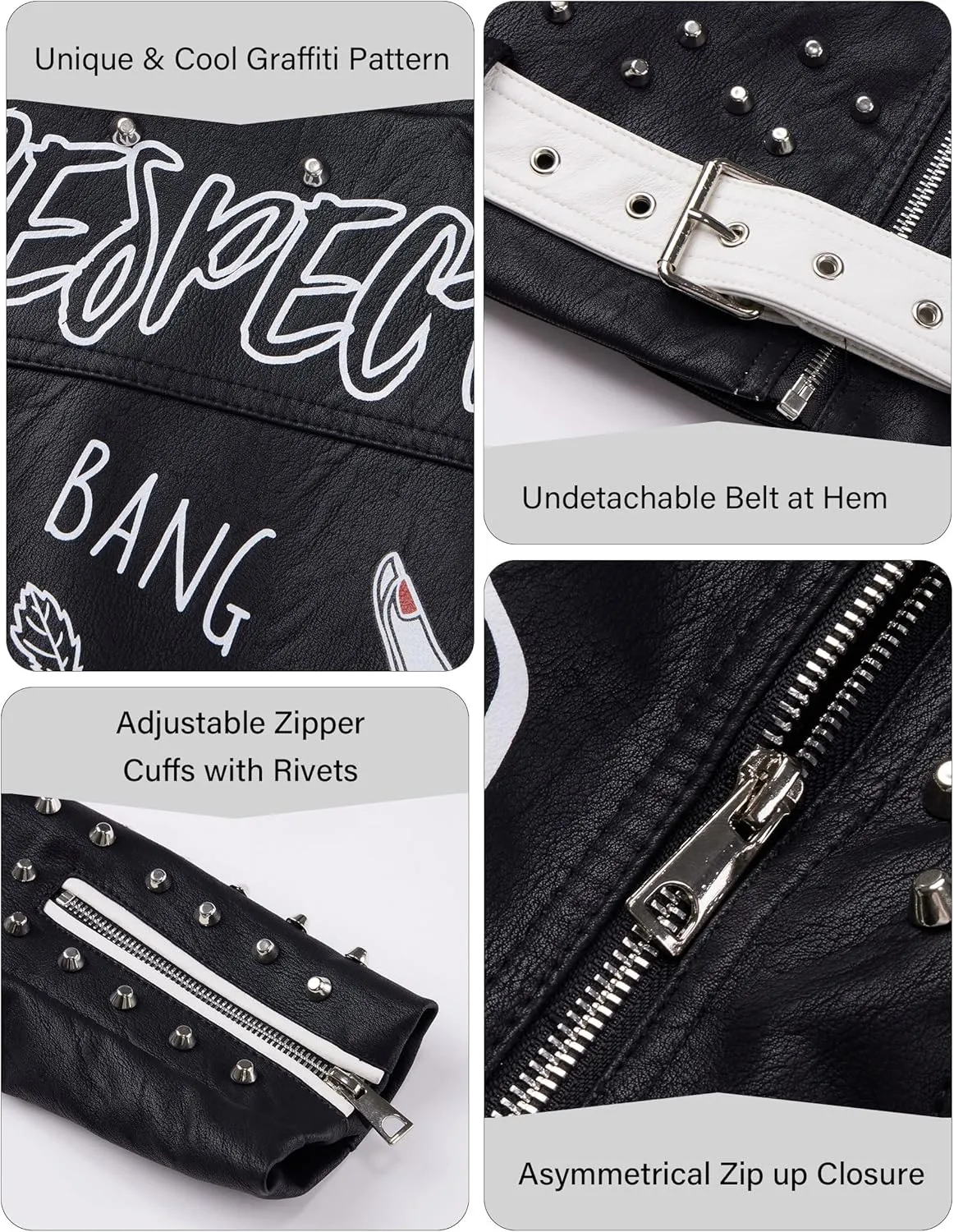 RISISSIDA Women Faux Leather Jacket Studded Rivet Spring Fall Winter Fashion, Moto Biker Trendy Clothes Streetwear Belted