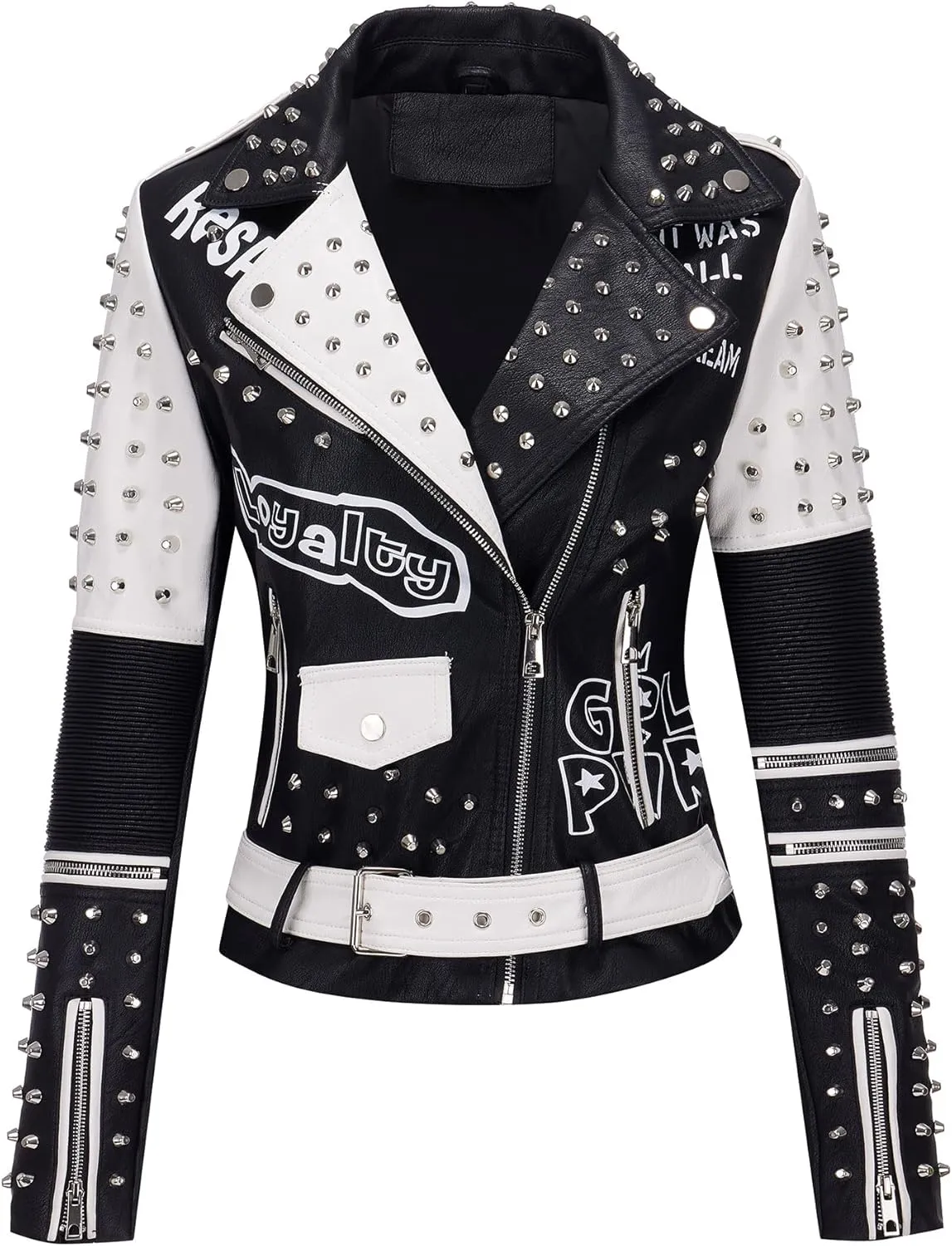 RISISSIDA Women Faux Leather Jacket Studded Rivet Spring Fall Winter Fashion, Moto Biker Trendy Clothes Streetwear Belted