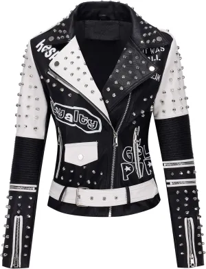 RISISSIDA Women Faux Leather Jacket Studded Rivet Spring Fall Winter Fashion, Moto Biker Trendy Clothes Streetwear Belted