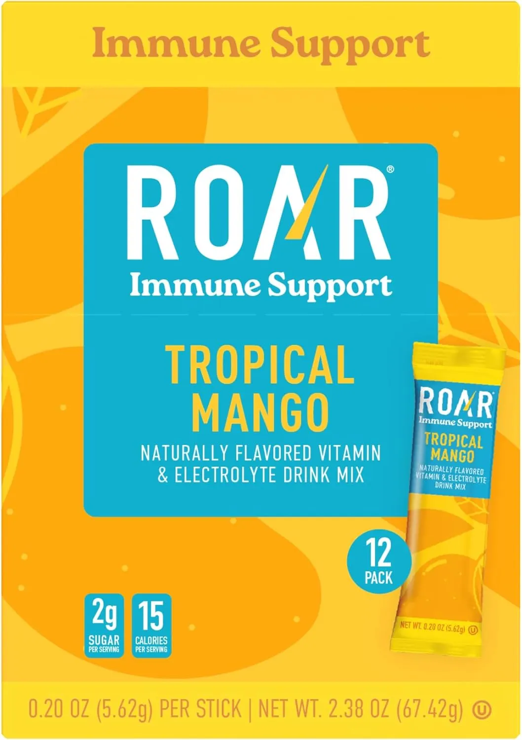 ROAR Immune Support Powder - Hydration Packets with Zinc and Elderberry - Electrolytes Powder - No GMOs, Gluten Free - Tropical Mango - 12 pc