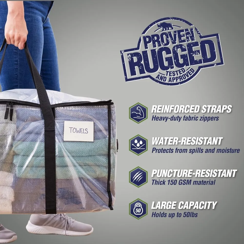 RUGGED RHINO Heavy Duty Extra Large Moving Bags, 6 Pack 50lb Capacity Tote, Durable Water and Puncture Resistant Winter Clothes Storage Totes for Moving, Strong Carry Handles and Zippers, Translucent