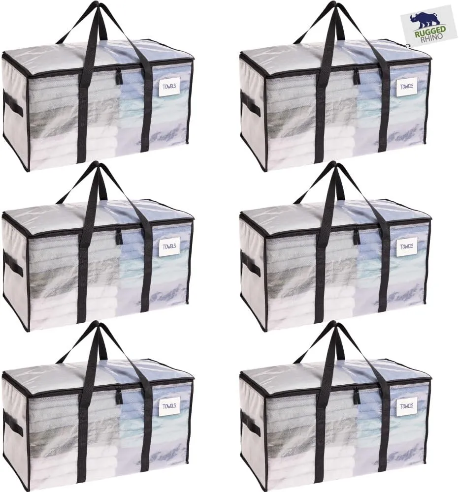 RUGGED RHINO Heavy Duty Extra Large Moving Bags, 6 Pack 50lb Capacity Tote, Durable Water and Puncture Resistant Winter Clothes Storage Totes for Moving, Strong Carry Handles and Zippers, Translucent