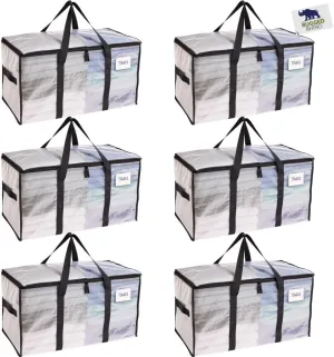 RUGGED RHINO Heavy Duty Extra Large Moving Bags, 6 Pack 50lb Capacity Tote, Durable Water and Puncture Resistant Winter Clothes Storage Totes for Moving, Strong Carry Handles and Zippers, Translucent