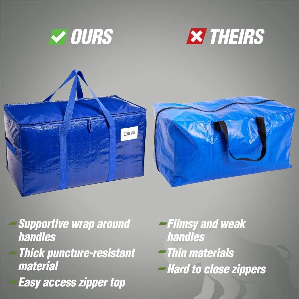 RUGGED RHINO Heavy Duty Extra Large Moving Bags, 6 Pack 50lb Capacity Tote, Durable Water and Puncture Resistant Winter Clothes Storage Totes for Moving, Strong Carry Handles and Zippers, Translucent