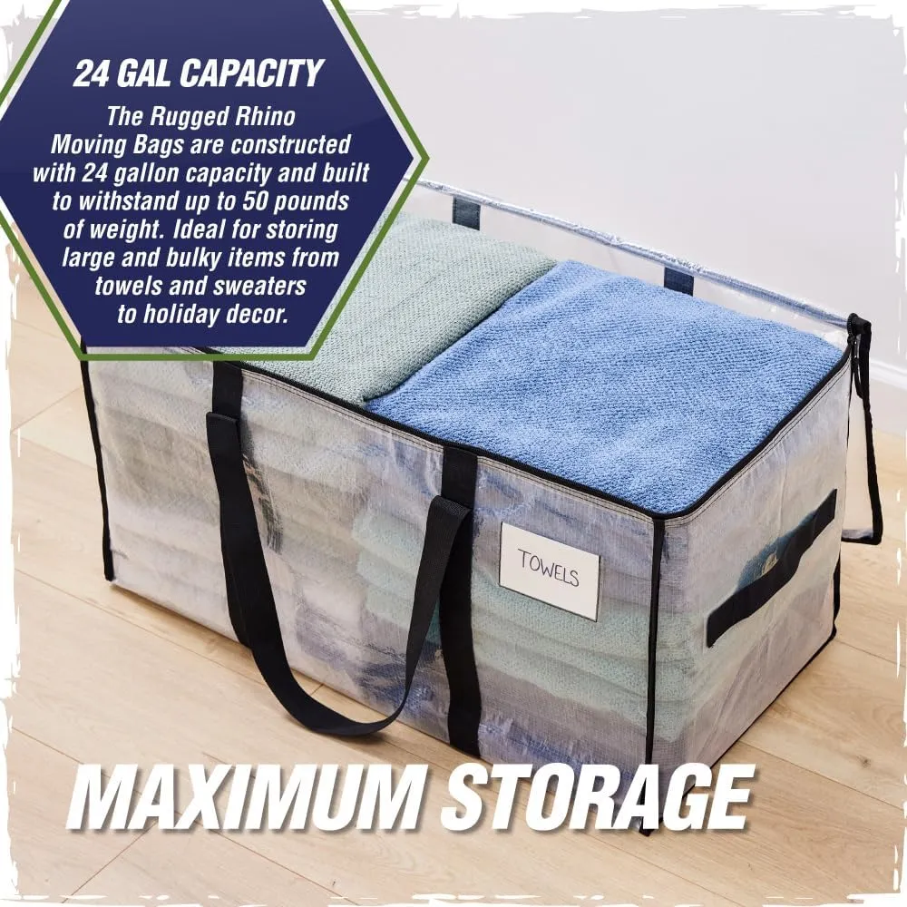 RUGGED RHINO Heavy Duty Extra Large Moving Bags, 6 Pack 50lb Capacity Tote, Durable Water and Puncture Resistant Winter Clothes Storage Totes for Moving, Strong Carry Handles and Zippers, Translucent