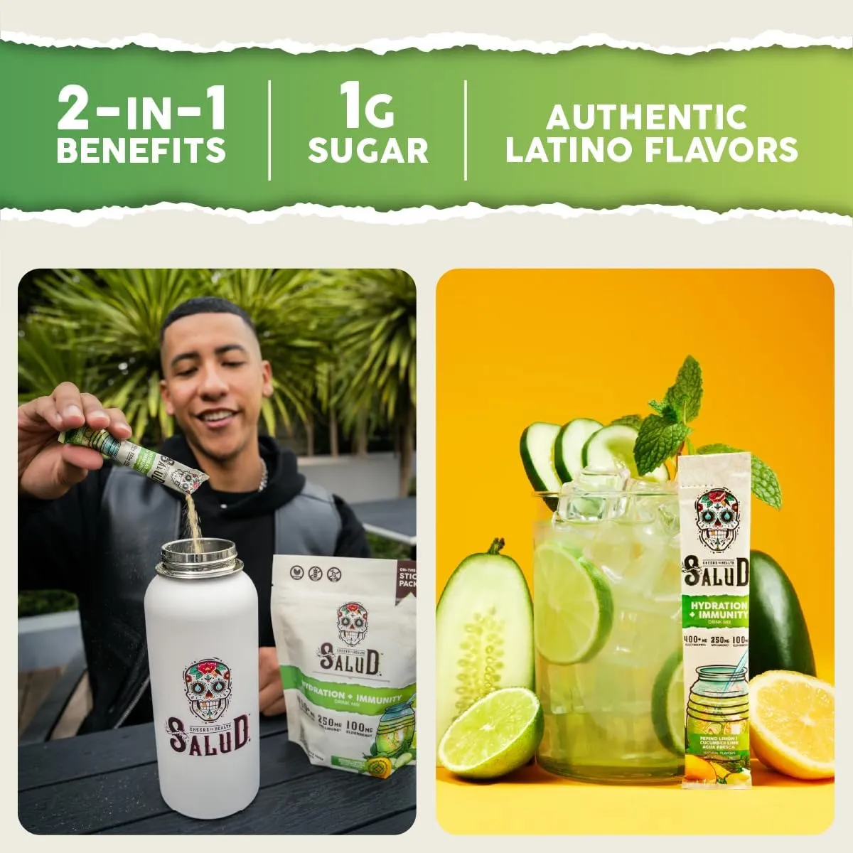 Salud 2-in-1 Hydration Packets   Immunity Electrolytes Powder, Cucumber Lime - Agua Fresca Drink Mix, Elderberry, Dairy & Soy Free, Non-GMO, Gluten Free, Vegan, Low Calorie, 1g Sugar (15 Servings)