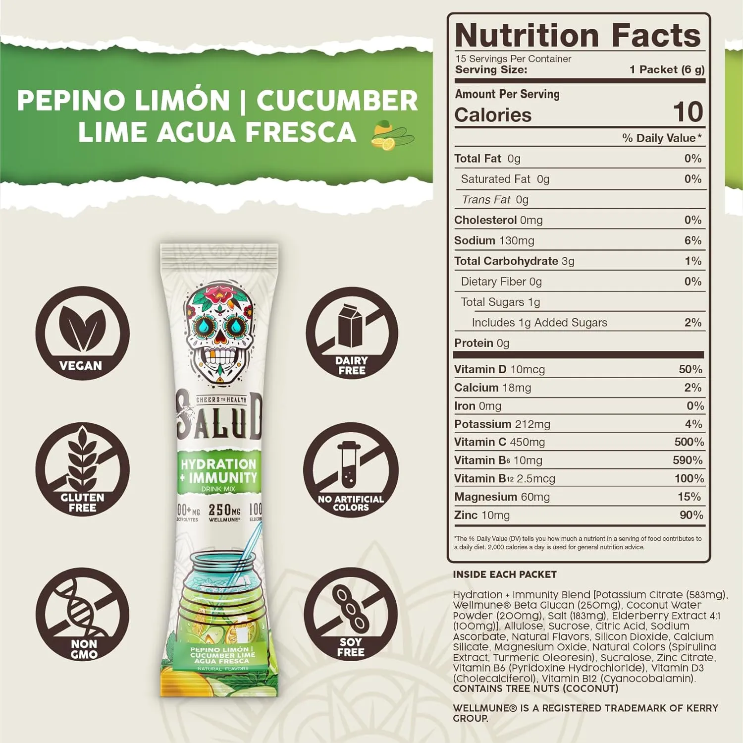 Salud 2-in-1 Hydration Packets   Immunity Electrolytes Powder, Cucumber Lime - Agua Fresca Drink Mix, Elderberry, Dairy & Soy Free, Non-GMO, Gluten Free, Vegan, Low Calorie, 1g Sugar (15 Servings)