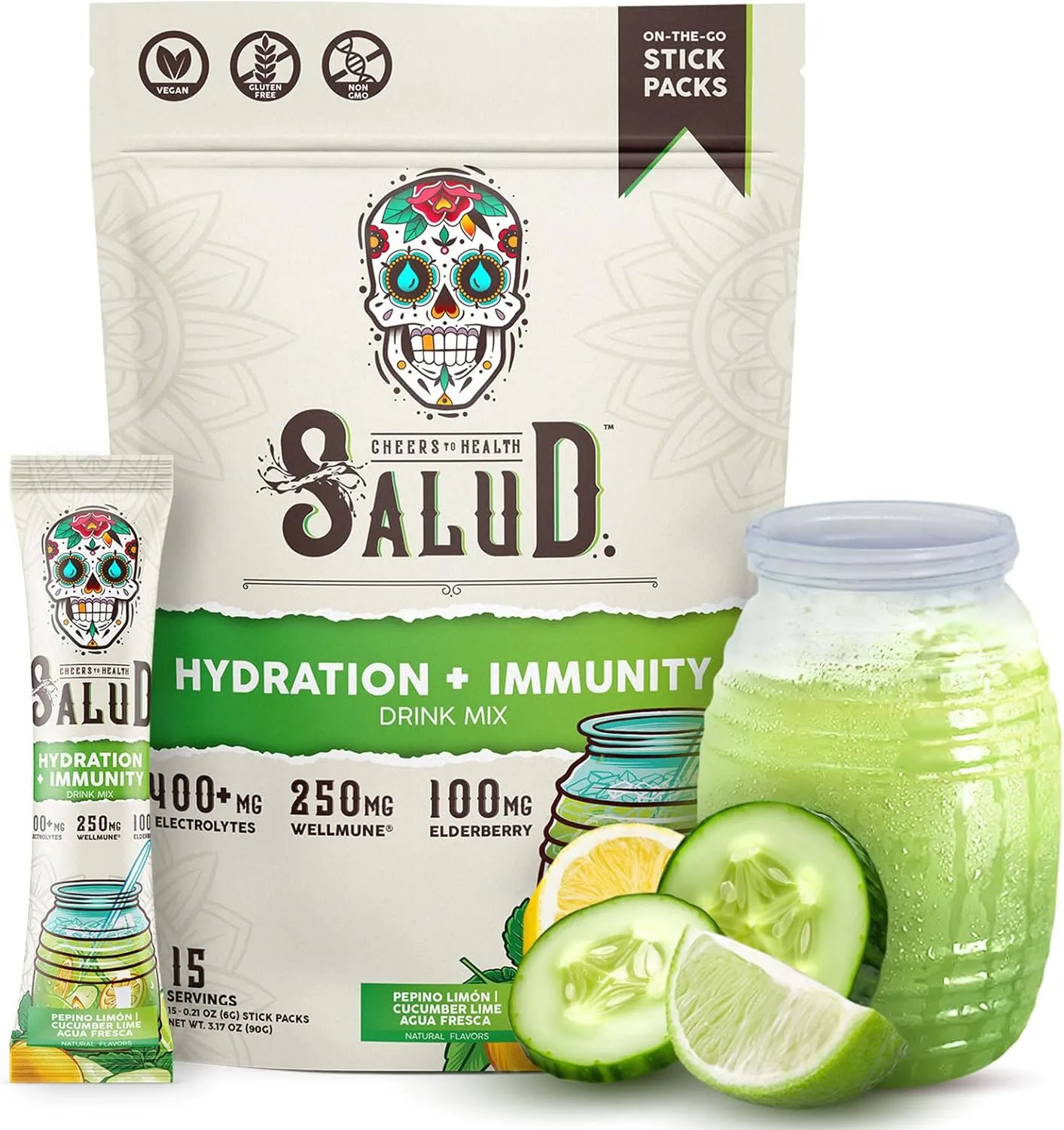 Salud 2-in-1 Hydration Packets   Immunity Electrolytes Powder, Cucumber Lime - Agua Fresca Drink Mix, Elderberry, Dairy & Soy Free, Non-GMO, Gluten Free, Vegan, Low Calorie, 1g Sugar (15 Servings)