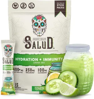 Salud 2-in-1 Hydration Packets   Immunity Electrolytes Powder, Cucumber Lime - Agua Fresca Drink Mix, Elderberry, Dairy & Soy Free, Non-GMO, Gluten Free, Vegan, Low Calorie, 1g Sugar (15 Servings)